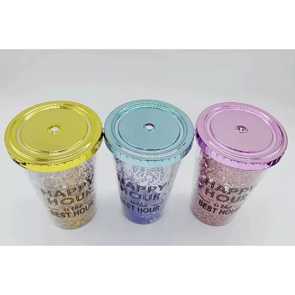 SET 2 Vasos Plástico Glitter con tapa y Popote